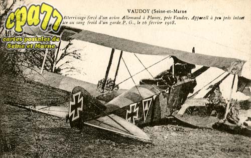 Vaudoy En Brie - Atterrissage forc d'un avion Allemand  Planoy, prs Vaudoy. Appareil  peu prs intact grce au sang froid d'un garde P.G., le 16 fvrier 1918